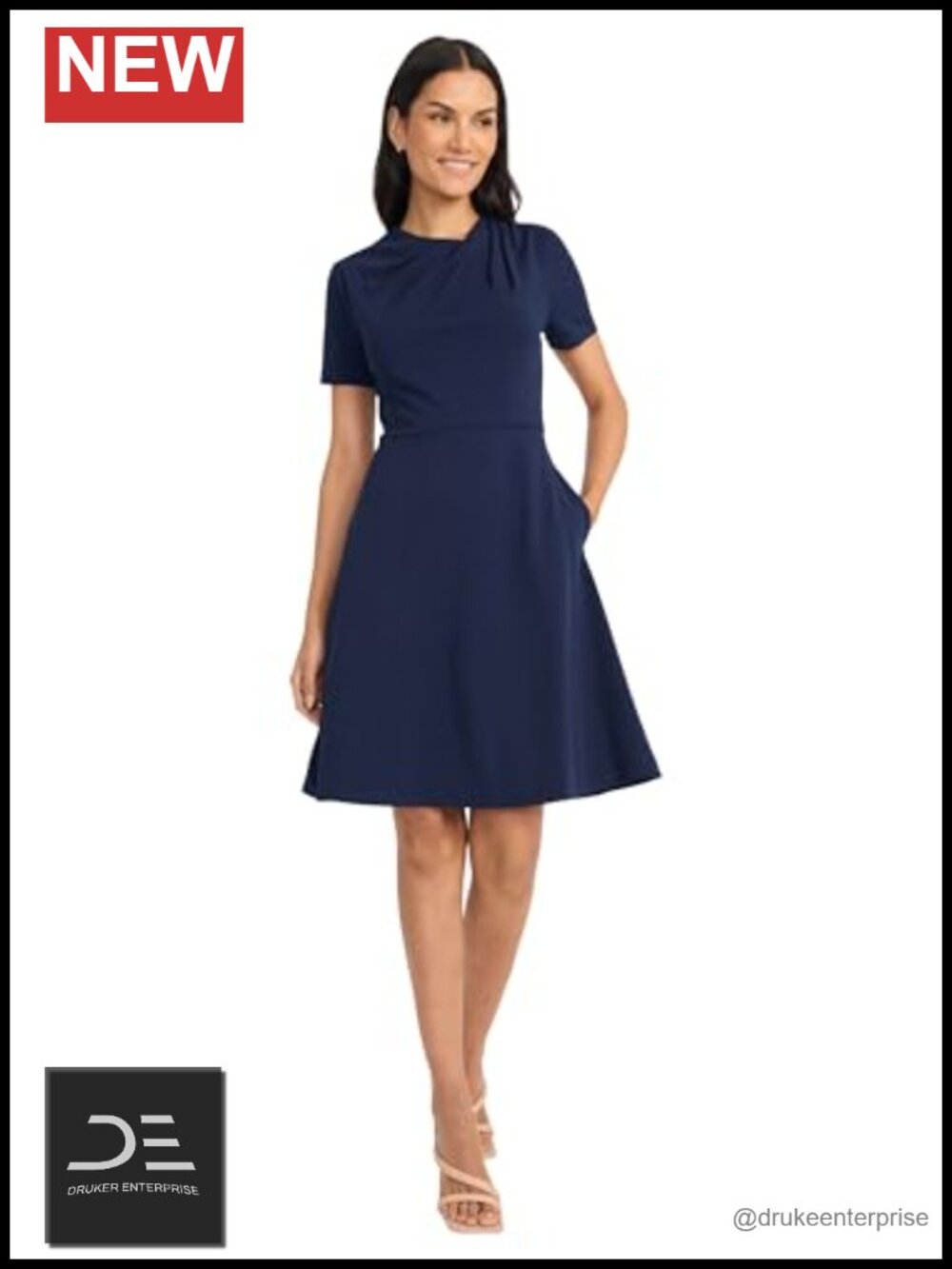 A-line Short Sleeve Gathered Neckline Knee Length Cocktail Wedding Guest Dress